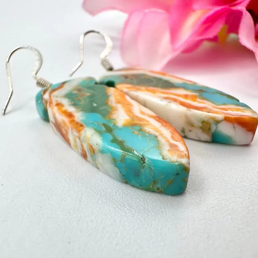 Turquoise Spiny Oyster Shell Carved Arrowhead Composite Slab Earrings Southwest - Picture 8 of 12